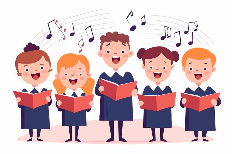Vettore giovani studenti con libri si armonizzano nel coro della scuola bambini piccoli che tengono libri di testo si esibiscono sul palco recital musicale grafica vettoriale