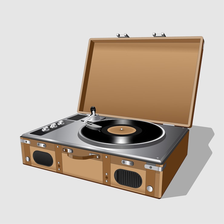 Vettore giradischi vintage. disco in vinile del giradischi. vecchio giradischi realistico retrò su sfondo bianco. isolato.