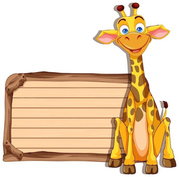 Giraffa allegra con un cartello di legno bianco