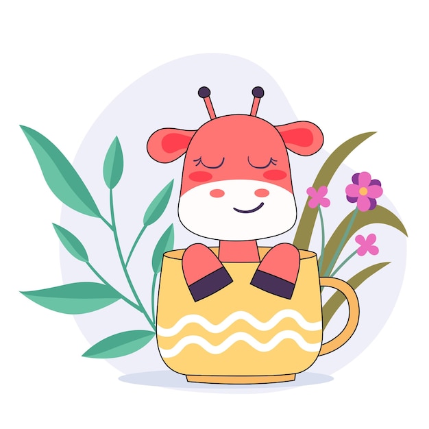 Giraffa sveglia nell'illustrazione del fumetto della tazza di caffè