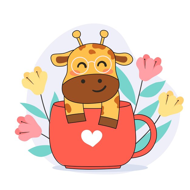 Giraffa sveglia nell'illustrazione del fumetto della tazza di caffè