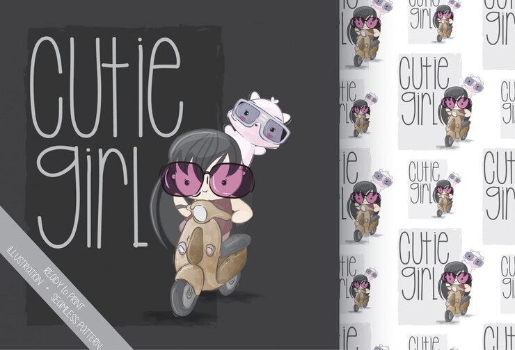 Vettore giro sveglio della bambina del fumetto sul modello senza cuciture della bici