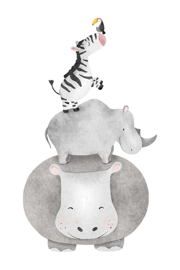 Giungle africane animali in piedi l'uno sopra l'altro rinoceronte ippopotamo zebra tucano piramide di amici Safari illustrazione ad acquerello isolato per il design carte baby shower poster per bambini roba stanza