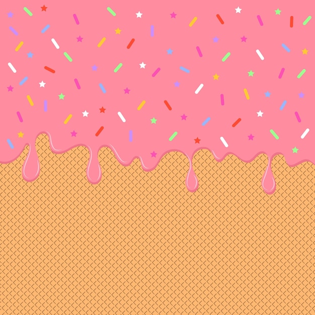 Glasatura rosa con waffle sullo sfondo con illustrazione vettoriale colorata di sprinkles