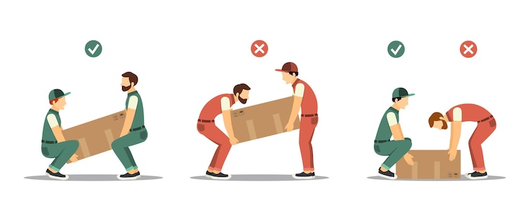 Gli addetti alla tecnica di sollevamento caricano scatole pesanti, sicurezza e posizioni ergonomiche del corpo Illustrazioni vettoriali in stile cartone animato
