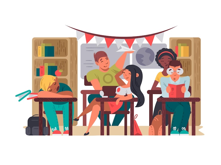 Vettore gli alunni si siedono in aula all'istruzione dei banchi nell'illustrazione di vettore della scuola