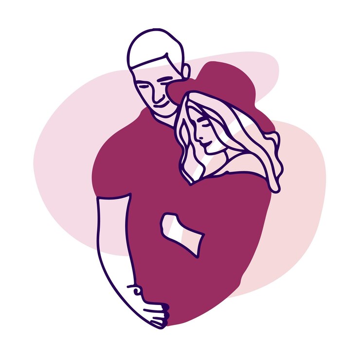 Vettore gli amanti della ragazza incinta degli sposi felici che abbracciano il cappello sorridono i futuri genitori doodle