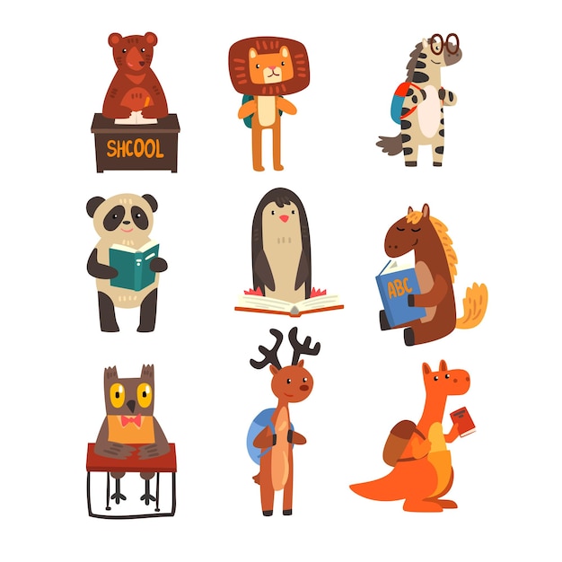 Gli animali che studiano e leggono libri impostano simpatici animali personaggi dei cartoni animati educazione scolastica e