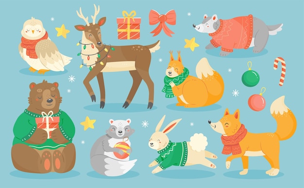 Gli animali di Natale della foresta in maglioni e sciarpe in stile cartone animato carino hanno isolato l'illustrazione animale