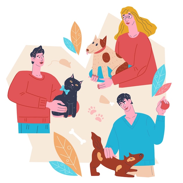 Gli animali domestici e i proprietari si prendono cura dell'illustrazione vettoriale piatta degli animali domestici isolata