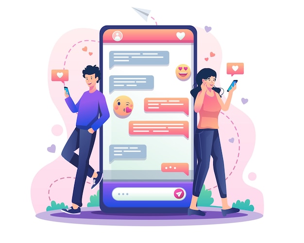 Gli appuntamenti online con un giovane e una donna si scambiano messaggi di testo chattando tramite l'illustrazione dello smartphone
