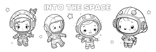 Gli astronauti dei bambini felici stanno esplorando lo spazio esterno Illustrazione vettoriale line art in bianco e nero