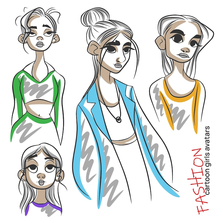 Vettore gli avatar delle ragazze dei cartoni animati di moda hanno impostato il doodle a tutta altezza del ritratto