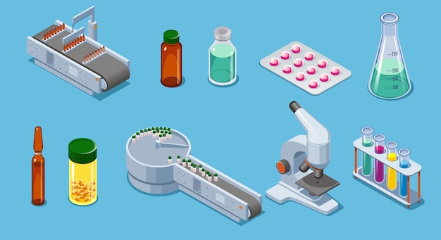 Gli elementi isometrici di industria farmaceutica hanno messo con il microscopio della pipetta dei tubi delle bottiglie delle droghe delle pillole dell'attrezzatura di imballaggio isolato