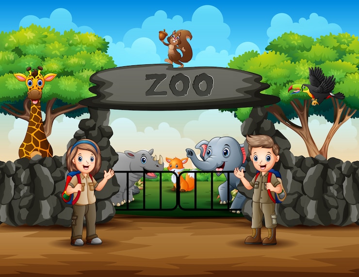 Vettore gli esploratori e gli animali selvatici all'illustrazione dell'entrata dello zoo