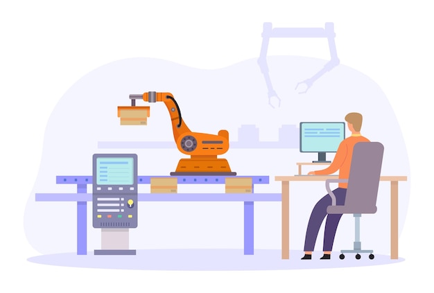Gli ingegneri controllano i bracci robotici automatizzati Ispezione di fabbrica piatta e intelligente