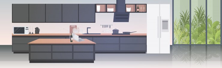 Vettore gli interni della cucina moderna non svuotano la stanza della casa della gente con l'arredamento orizzontale