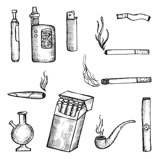 Gli oggetti del fumo di sigaretta impostano gli schizzi vettoriali