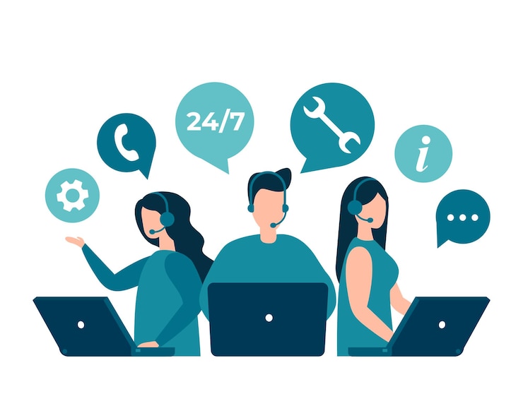 Vettore gli operatori della hotline del servizio clienti consigliano i clienti centro di supporto tecnico online globale 24 7