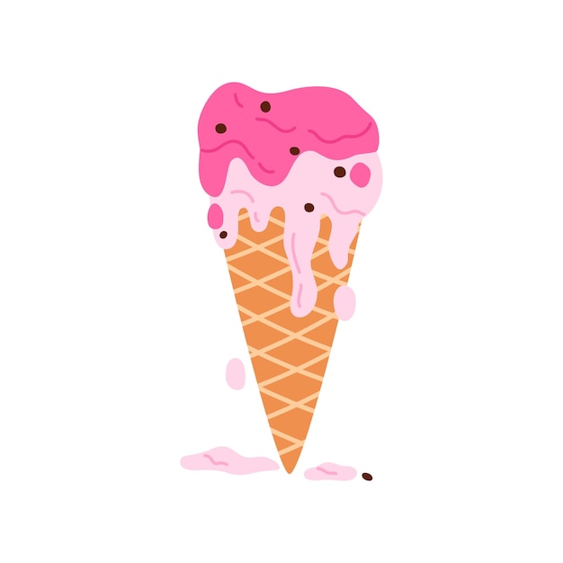 Gli strati di gelato alla fragola si sciolgono e scorrono lungo il cono di waffle