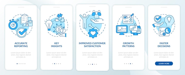 Gli strumenti aziendali beneficiano della schermata dell'app mobile di onboarding blu. Procedura dettagliata del modello di crescita 5 passaggi pagine di istruzioni grafiche con concetti lineari. UI, UX, modello GUI. Miriadi di caratteri Pro-Bold, normali utilizzati