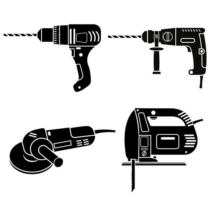 Gli strumenti della costruzione hanno messo il martello e la smerigliatrice elettrici del trapano, stencil nero dell'icona