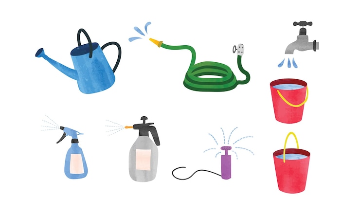 Vettore gli strumenti per l'irrigazione del giardino hanno impostato l'acquerello. annaffiatoio, tubo flessibile, rubinetto, rubinetto, spruzzatore, clipart secchio d'acqua