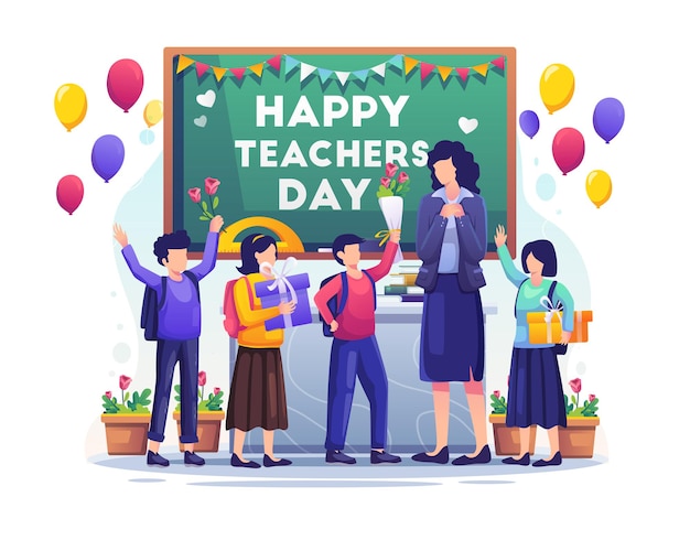 Gli studenti bambini regalano regali e fiori al loro insegnante durante l'illustrazione della Giornata degli insegnanti