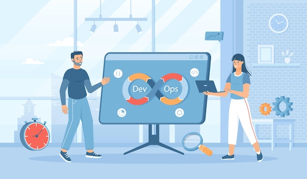 Gli sviluppatori DevOps lavorano con processi di automazione a forma di segno infinito Sviluppo software piatto