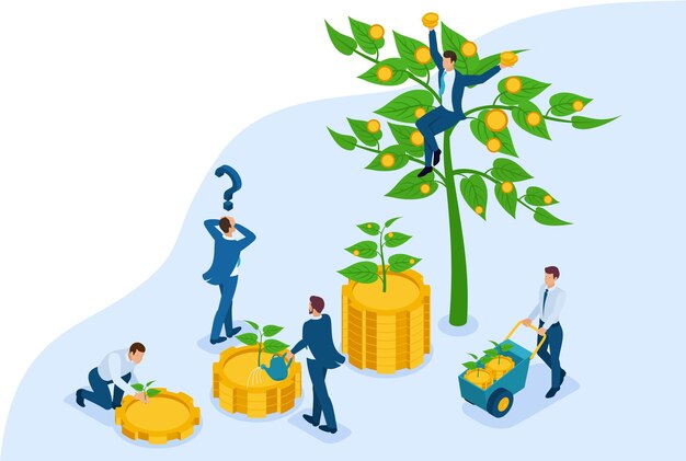 Gli uomini d'affari isometrici investono denaro e li aiutano a crescere e realizzare un profitto Concetto per il web design