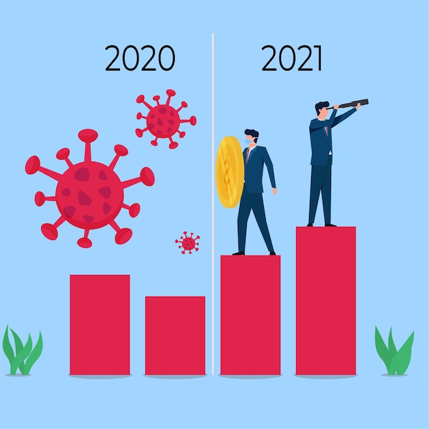 Gli uomini d'affari tengono il virus e analizzano la futura metafora dell'economia dopo una pandemia.