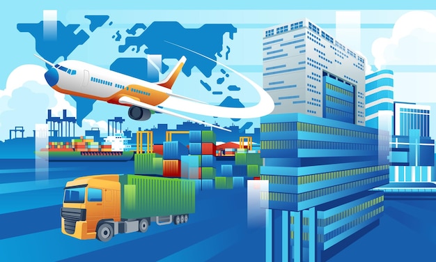 Global business logistica import export di container nave cargo container camion aereo camion sul concetto di sfondo della città concetto di industria dei trasporti