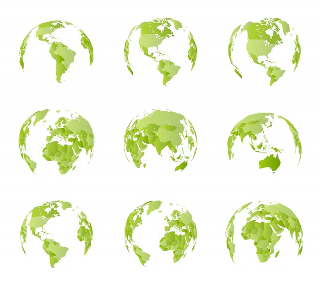 Globe, vista laterale diversa. Tutti i confini del paese sulla mappa politica mondiale. Emisfero orientale e occidentale. Tutti i lati del mondo