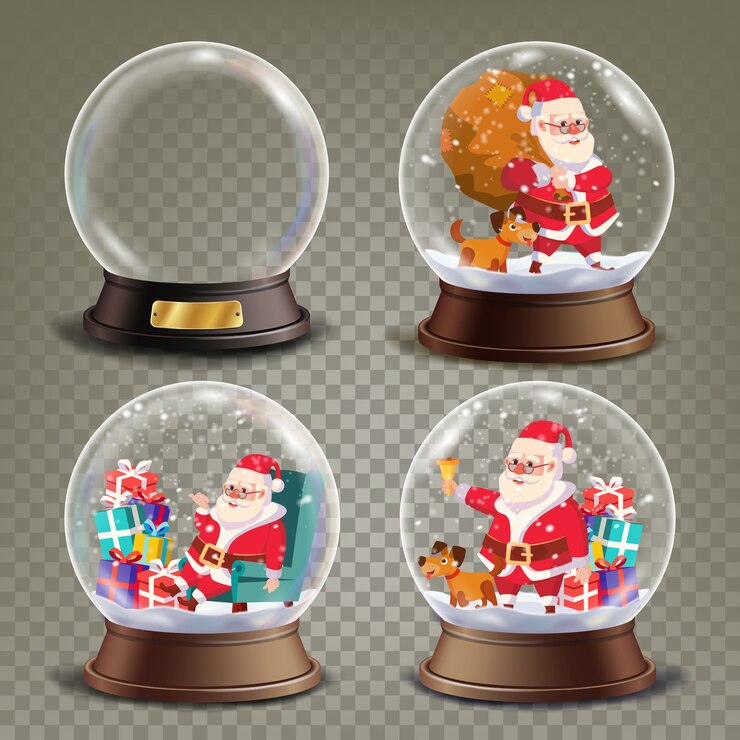 Vettore globo di neve di natale con babbo natale e regali