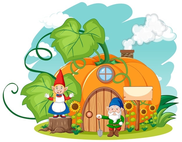 Gnomi e zucca in stile cartone animato casa sul cielo
