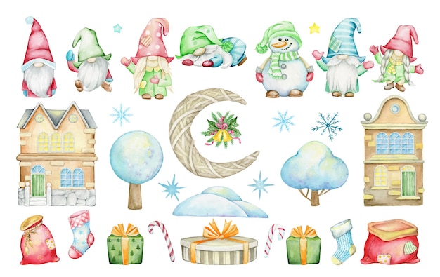 Gnomi scandinavi, pupazzo di neve, case, fiocchi di neve, regali di Natale e decorazioni. Acquerello