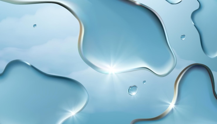 Vettore gocce d'acqua realistiche scorrono lungo lo sfondo di vetro blu goccioline tridimensionali