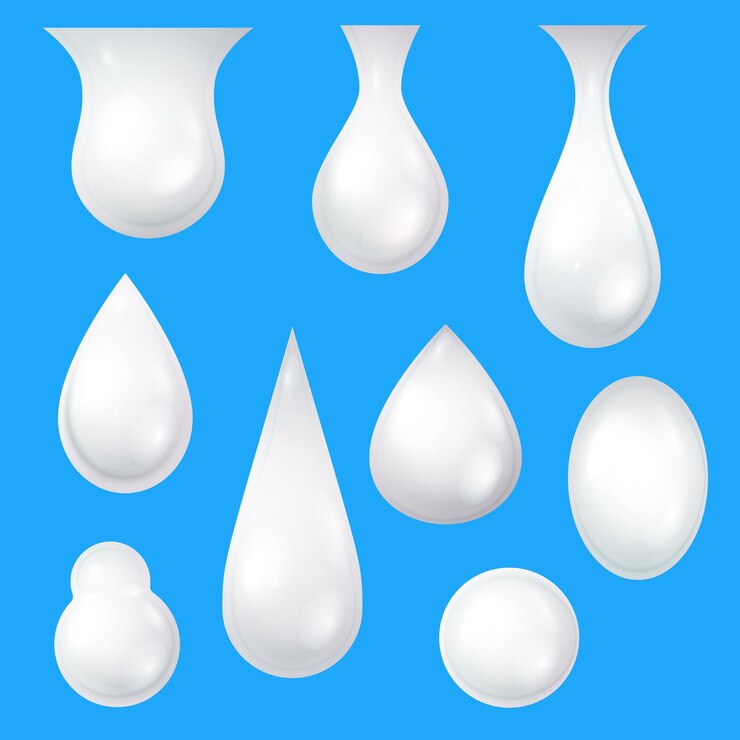 Vettore gocce di latte. yogurt realistico, crema o goccioline bianche cosmetiche. mousse, gel o lozioni per la cura della pelle. insieme di vettore di mandorla o latte di cocco gocciolante di forme diverse. dipingi o bevi elementi isolati