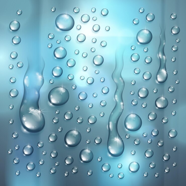 Vettore gocce di pioggia d'acqua o condensa su sfondo sfocato oltre la finestra realistica illustrazione vettoriale 3d trasparente, facile da posizionare su qualsiasi sfondo o utilizzare le goccioline separatamente.