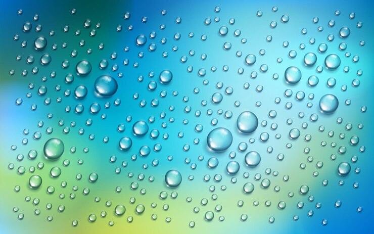 Vettore gocce di pioggia d'acqua o condensa su sfondo sfocato verde e blu della natura oltre la finestra, illustrazione vettoriale 3d trasparente realistica, facile da mettere su qualsiasi sfondo.