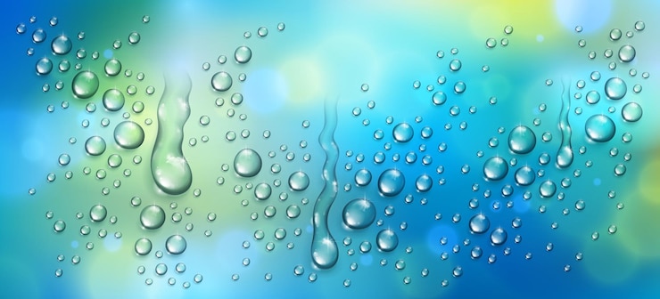 Vettore gocce di pioggia d'acqua o condensa su sfondo verde sfocato oltre la finestra, illustrazione vettoriale 3d trasparente realistica, facile da mettere su qualsiasi sfondo.