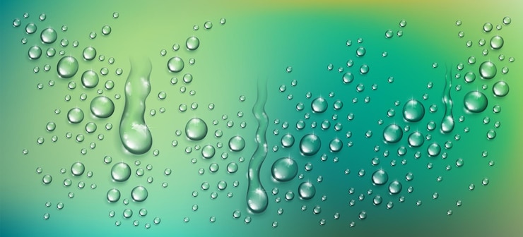 Vettore gocce di pioggia d'acqua o condensa su sfondo verde sfocato oltre la finestra, illustrazione vettoriale 3d trasparente realistica, facile da mettere su qualsiasi sfondo.