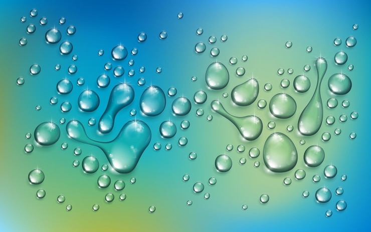Vettore gocce di pioggia d'acqua o condensa su sfondo verde sfocato oltre la finestra, illustrazione vettoriale 3d trasparente realistica, facile da mettere su qualsiasi sfondo.