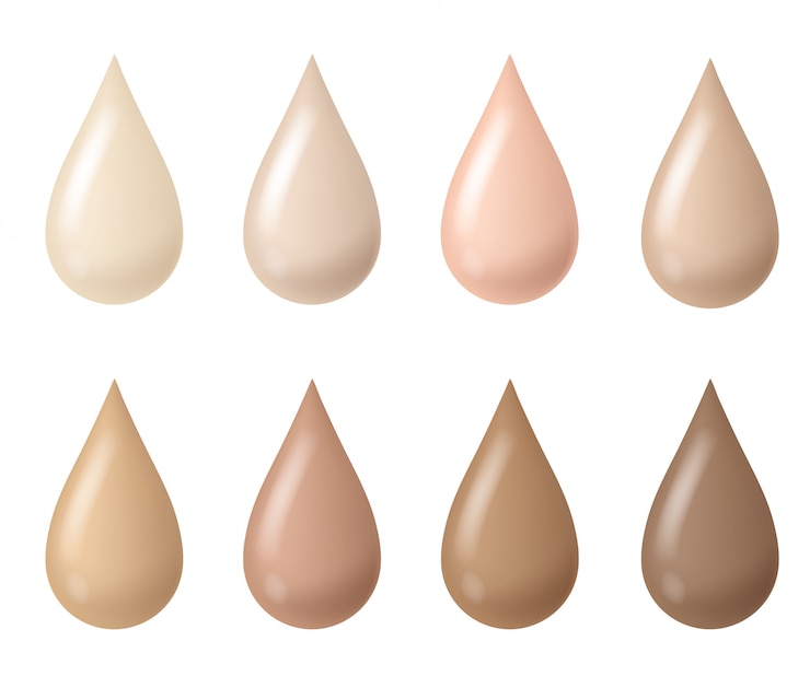 Vettore gocce di trucco. fondotinta liquido donna bb cream tinte beige, toni fluidi della pelle cosmetica, goccioline dalla consistenza cremosa. impostato