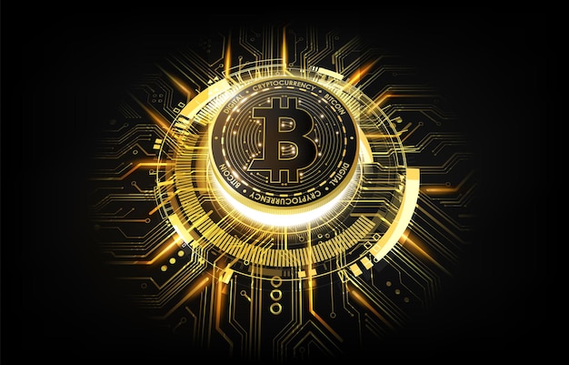 Golden Bitcoin Cryptocurrency denaro digitale futuristico sullo sfondo del circuito stampato