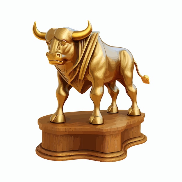 Golden Taurus in piedi su piedistallo in legno isolato su sfondo Cartoon flat vector illustration
