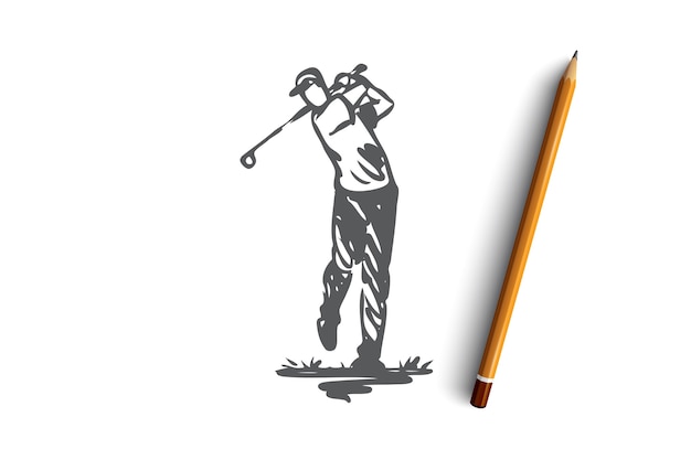 Golf, formazione, relax, hobby, concetto di sport. Uomo disegnato a mano rilassante giocando a golf concetto schizzo. illustrazione.