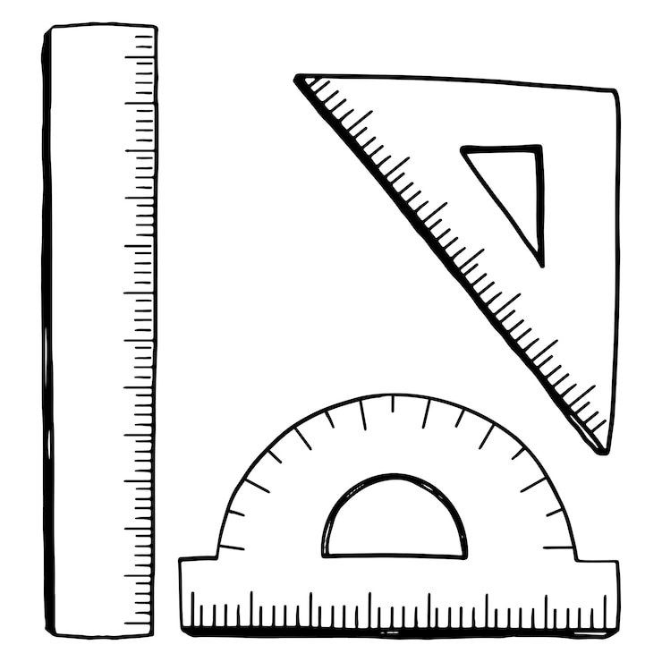 Vettore goniometro con righello quadrato con scala schizzi di inchiostro per forniture scolastiche illustrazione vettoriale disegnata a mano clipart con profilo retrò isolato su sfondo bianco