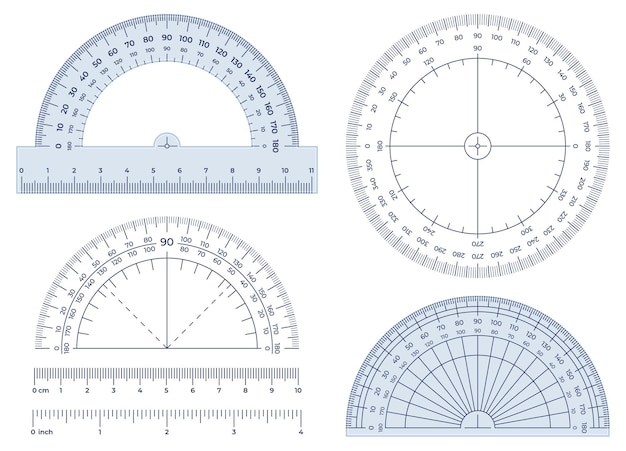 Goniometro. Strumento di misurazione degli angoli, scala di goniometri rotondi a 360 gradi e set di illustrazioni per misure di 180 gradi.