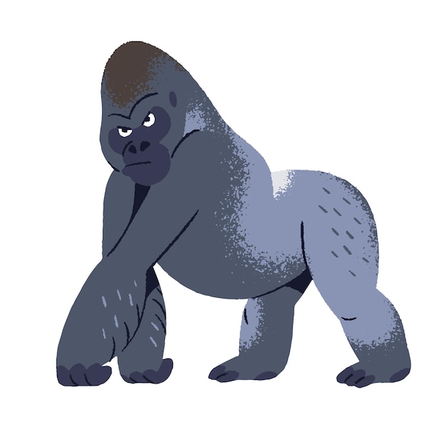 Gorilla forte con sguardo serio che cammina Primate muscoloso grande scimmia poppa grande scimmietta che passeggia animale africano abitante della giungla Fauna esotica natura Vettore isolato piatto illustrazione su bianco